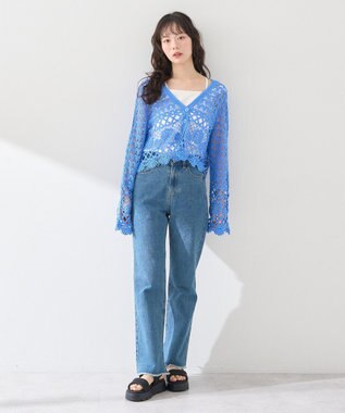earth music&ecology クロシェ風Ｖネックカーディガン Blue