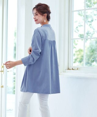 Tiaclasse L 【洗える】ピーチスキンシャツチュニックブラウス サックス