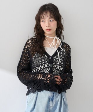 earth music&ecology クロシェ風Ｖネックカーディガン Black
