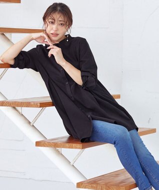 Tiaclasse 【洗える】ピーチスキンシャツチュニックブラウス チャコールグレー