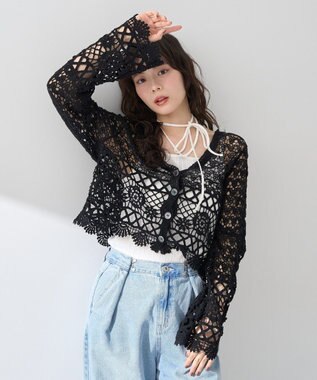 earth music&ecology クロシェ風Ｖネックカーディガン Black