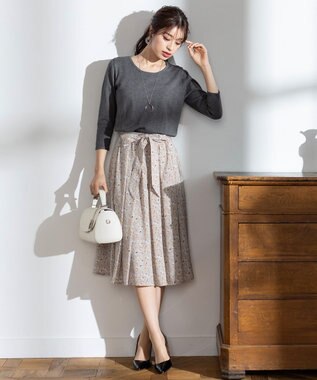 Tiaclasse 【洗える】異素材を組み合わせた花柄ドッキングワンピース チャコールグレー