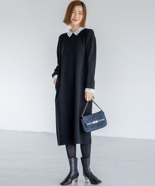 23区 S 【洗える/吊り干しOK】ヴィスコースストレッチ レース襟 ワンピース ブラック系