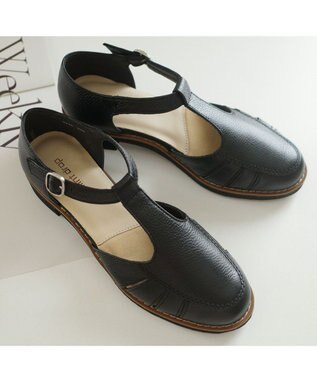 Pointer 本革 通気性Tストラップパンプス ブラック