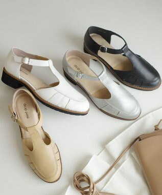 Pointer 本革 通気性Tストラップパンプス ホワイト