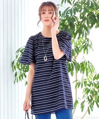 Tiaclasse 【洗える】ランダムボーダーチュニックブラウス ネイビー