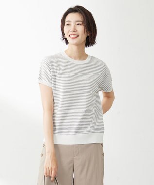 J.PRESS LADIES L 【洗える・抗菌防臭】コットンアセテート ボーダー ドルマン ニット ホワイト系1