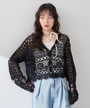 earth music&ecology クロシェ風Ｖネックカーディガン Black