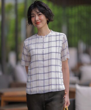 J.PRESS LADIES 【一枚で着映え・シーンレスに活躍】シアーチェック バンドカラー カットソー
