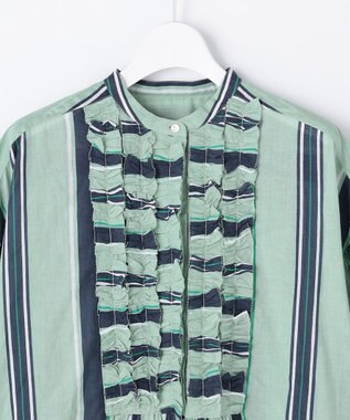 自由区 L 【着映える・涼やか】コットンストライププリントフリル ブラウス グリーンストライプ