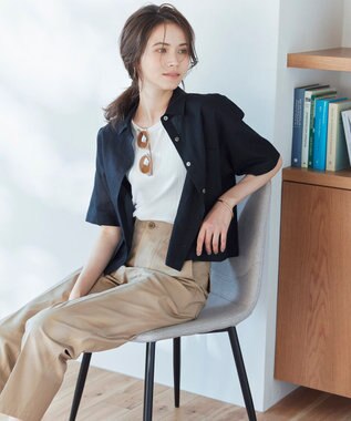 23区 【SLOW/洗える】リネンコットン 半袖クロップドシャツ ブラック系
