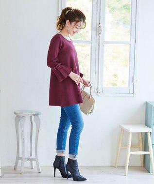 Tiaclasse L 【洗える】ミラノリブ編みのフレア袖ニットチュニック ワイン