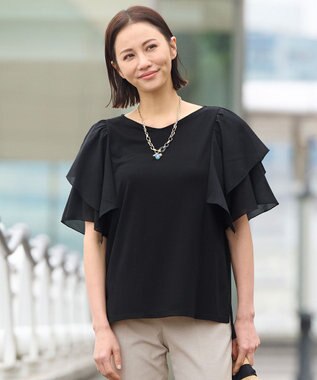 自由区 【XSサイズ~/洗える】ドレーピーポンチラッフルスリーブ カットソー ブラック系