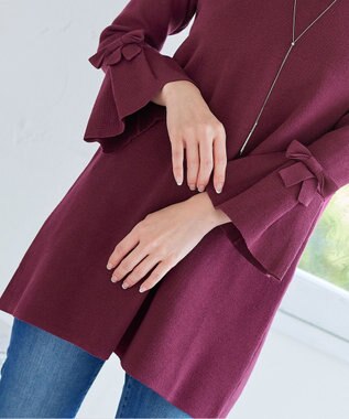 Tiaclasse L 【洗える】ミラノリブ編みのフレア袖ニットチュニック ワイン