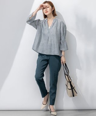 23区 【洗える】リネンレーヨンストレッチ テーパード パンツ ダークグリーン系