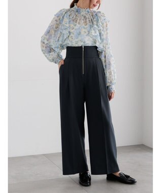 Te chichi フラワーパターンシアーフリルブラウス ブルー