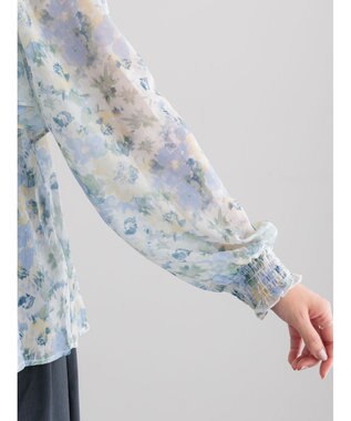 Te chichi フラワーパターンシアーフリルブラウス ブルー