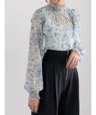 Te chichi フラワーパターンシアーフリルブラウス ブルー