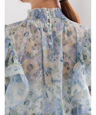 Te chichi フラワーパターンシアーフリルブラウス ブルー