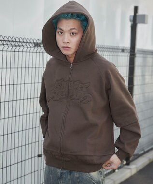 WEGO 【ユニセックス着用ITEM】ダメージアップリケレイヤードZIPパーカー ブラウン