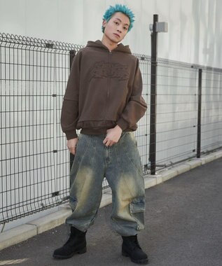 WEGO 【ユニセックス着用ITEM】ダメージアップリケレイヤードZIPパーカー ブラウン