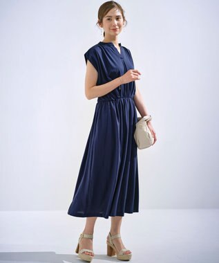 組曲 【洗える・WEB限定】プレーティング天竺 ドレープワンピース ネイビー系