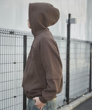 WEGO 【ユニセックス着用ITEM】ダメージアップリケレイヤードZIPパーカー ブラウン