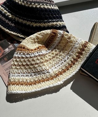 WEGO クロシェ編みボーダーハット オフホワイト