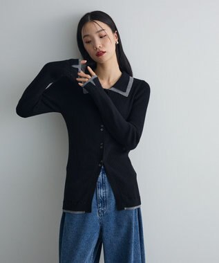 Green Parks 配色レイヤードポロリブニットカーディガン