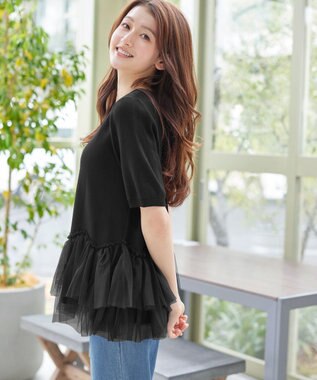 Tiaclasse チュールフリルドッキングニットトップス ブラック