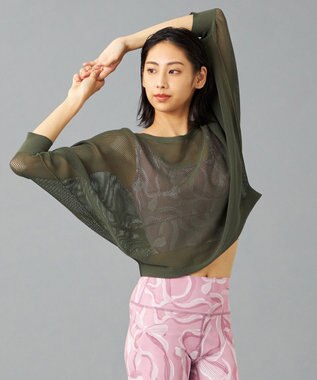 Chacott 【ノーソーイングニット】7分袖メッシュニットTシャツ カーキ