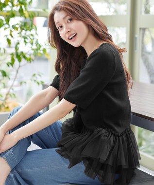 Tiaclasse チュールフリルドッキングニットトップス ブラック