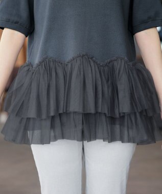 Tiaclasse チュールフリルドッキングニットトップス チャコールグレー