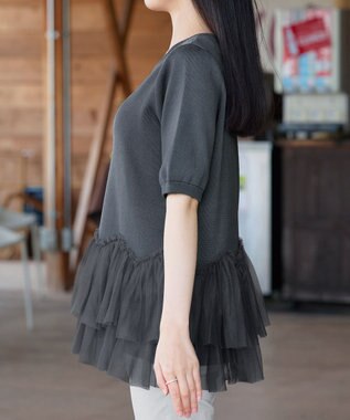 Tiaclasse チュールフリルドッキングニットトップス チャコールグレー