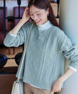 Tiaclasse 【洗える】アラン柄キーネックニットトップス ミント