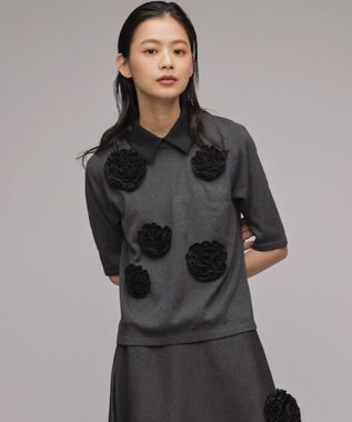 組曲 S 【組曲×setsuko sagittaire】ボンボンフラワー襟付き ニット グレー系