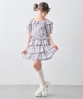 ANY KIDS 【洗濯機可能】ティアード チェックスカパン ブラウン