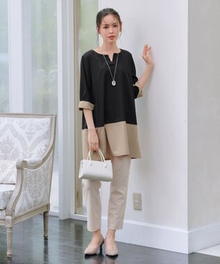 Tiaclasse L 【新色追加】バイカラーチュニック ブラック×ベージュ