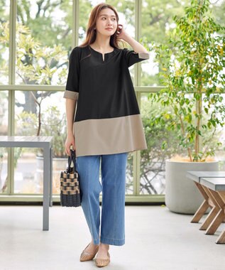 Tiaclasse L 【新色追加】バイカラーチュニック ブラック×ベージュ