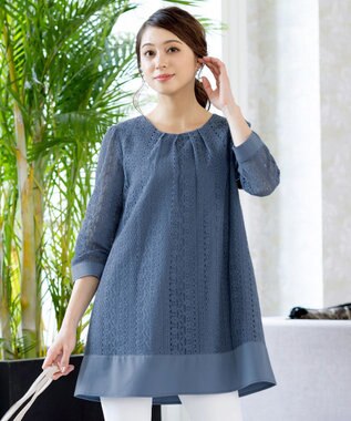 Tiaclasse L 【洗える】レースコンビチュニックブラウス ブルー
