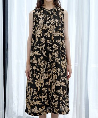 Tiaclasse 【洗える】麻レーヨンボタニカルシャツワンピース ブラック