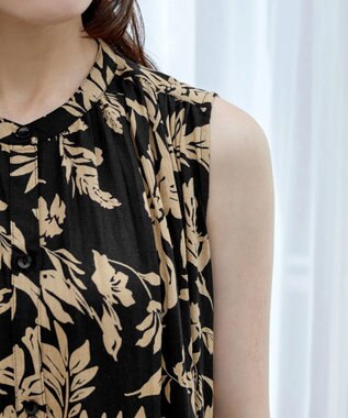 Tiaclasse 【洗える】麻レーヨンボタニカルシャツワンピース ブラック