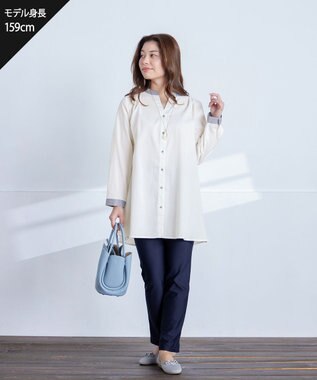 Tiaclasse 【洗える】クレリックシャツチュニックブラウス サックス×オフホワイト