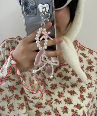 WEGO ダブルパールリボンキーホルダー ピンク