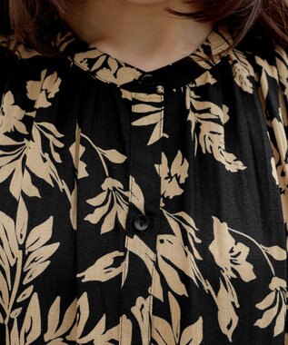 Tiaclasse 【洗える】麻レーヨンボタニカルシャツワンピース ブラック