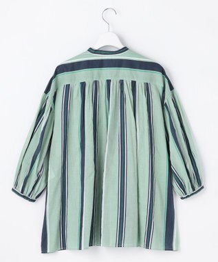 自由区 L 【着映える・涼やか】コットンストライププリントフリル ブラウス グリーンストライプ