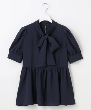 Feroux 【洗える】ペプラム ボウタイブラウス ネイビー系