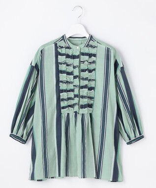自由区 L 【着映える・涼やか】コットンストライププリントフリル ブラウス グリーンストライプ