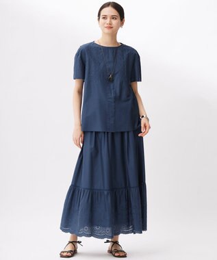 自由区 エンブロイダリーローン Tブラウス コバルトブルー