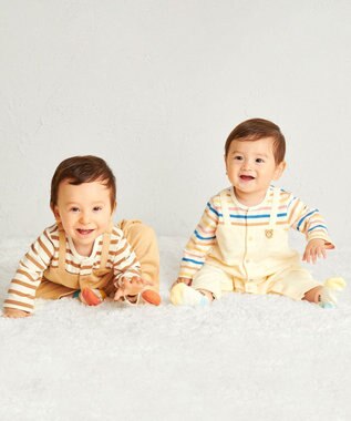 MIKI HOUSE HOT BISCUITS 【70-80cm】 ボーダー柄 重ね着風  カバーオール ベージュ